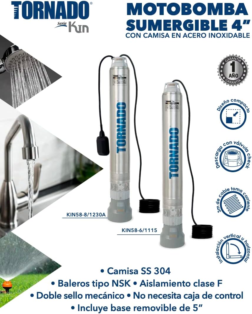 Bomba Sumergible con Flotador sin Clavija 1.5HP 230V  1FASE Tornado kin58-8-1230A