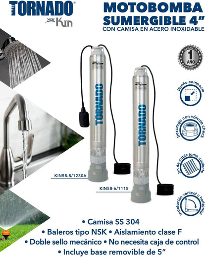 Bomba Sumergible con Flotador sin Clavija 1.5HP 230V  1FASE Tornado kin58-8-1230A