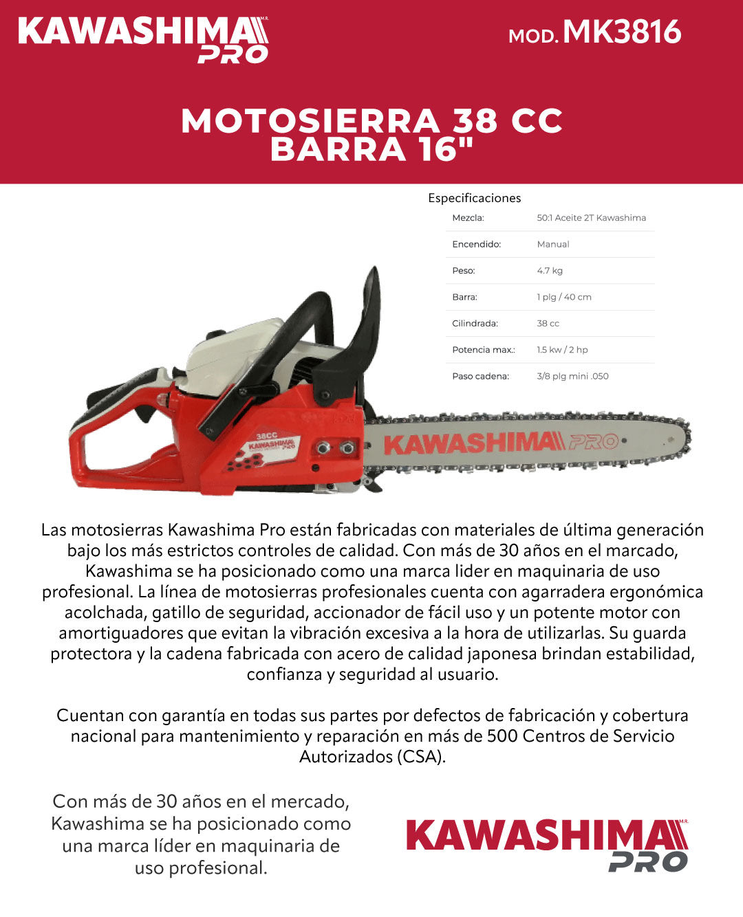 Motosierra 38cc 16 Pulg. Marca Kawashima