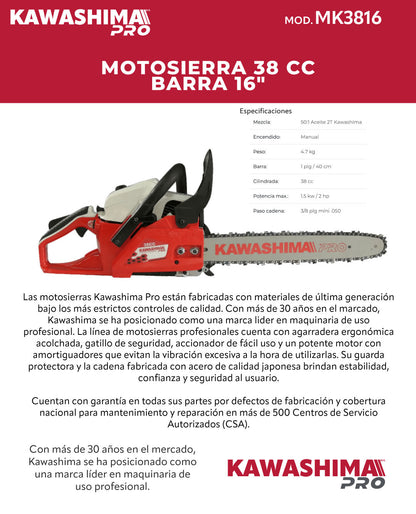 Motosierra 38cc 16 Pulg. Marca Kawashima